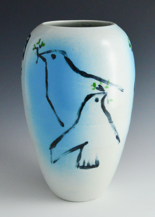 WILLIAM IRVINE Doves of Peace, porcelain vase with Mark Bell, 10 x 6.5 x 6.5 inches