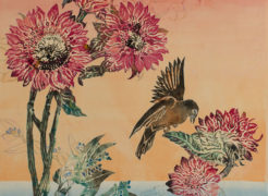 SUSAN AMONS Seaside Garden with Blackbird III, monoprint, 17 x 17