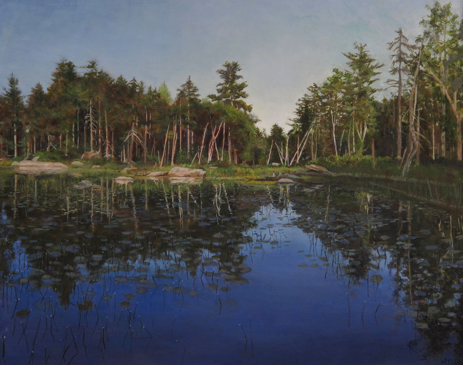 JUDY BELASCO Maine Inland Pond, oil on panel, 22 x 27 inches