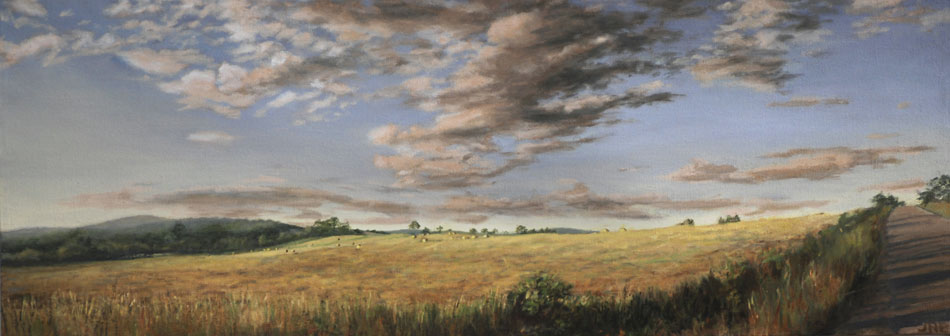 JUDY BELASCO Prospect Hayfield, Maine, oil on panel, 12 x 30 inches