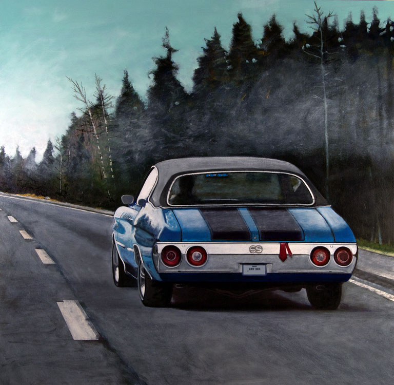 ED NADEAU Approaching Blue Lights, oil on canvas, 36 x 37 inches