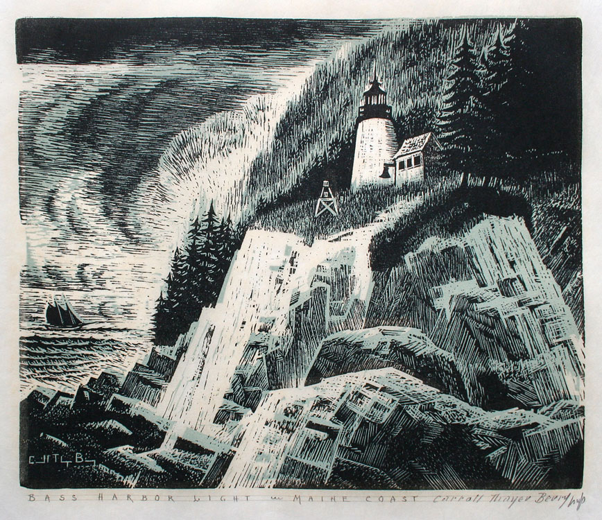 CARROLL THAYER BERRY Bass Harbor Light, 1964, chiaroscuro wood engraving, 10.5 x 12.5 inches