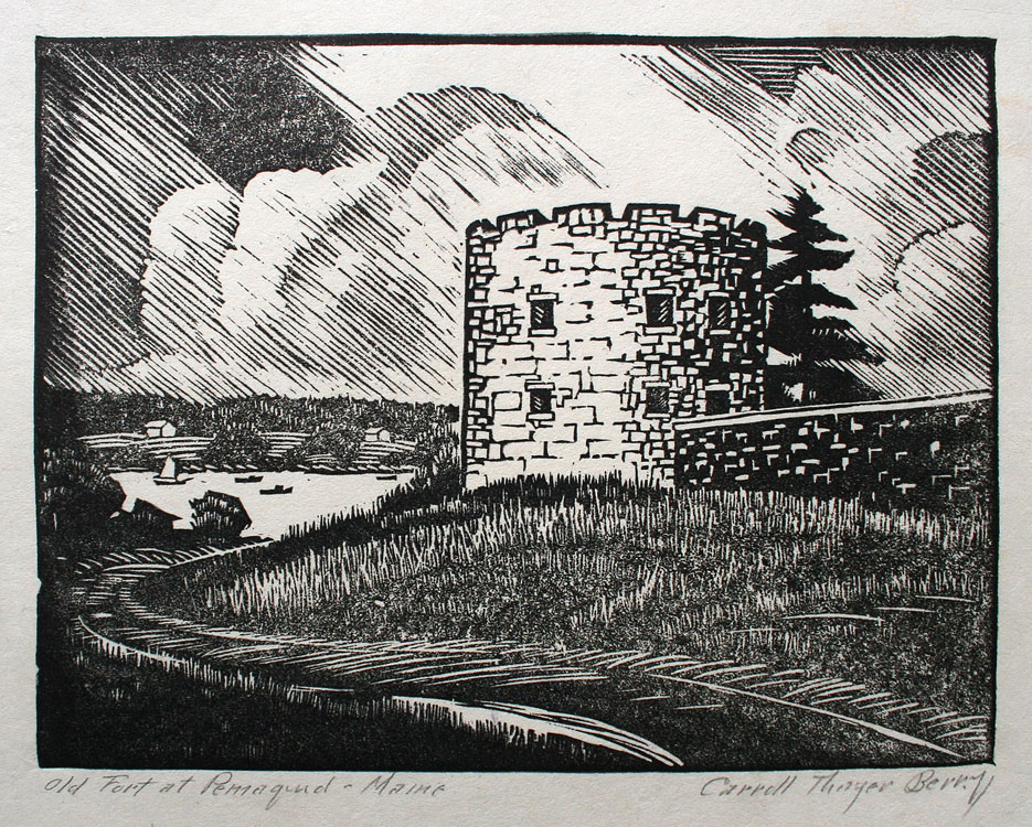 CARROLL THAYER BERRY Old Fort Pemaquid, woodblock print, 7.5 x9.5 inches