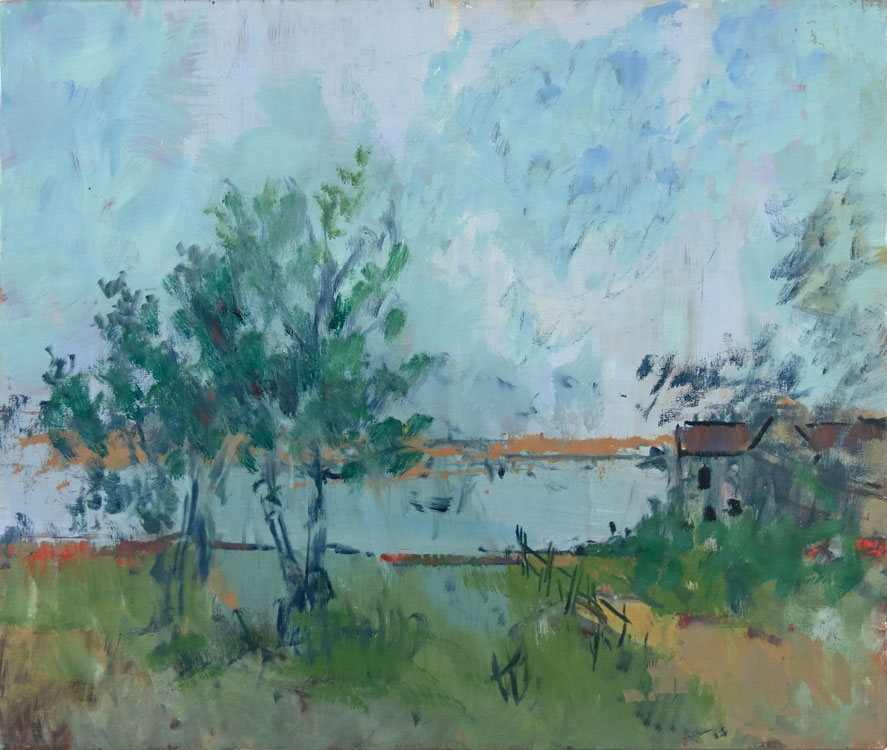 JOHN HELIKER House and Trees by the Bay, 1969, oil on canvas, 21 x 25 inches