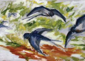WILLIAM MOÏSE Barn Swallows, oil on canvas, 24 x 36 inches