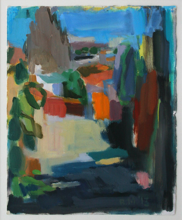 ROSIE MOORE Roofscape oil on paper, 14.5 x 12 inches