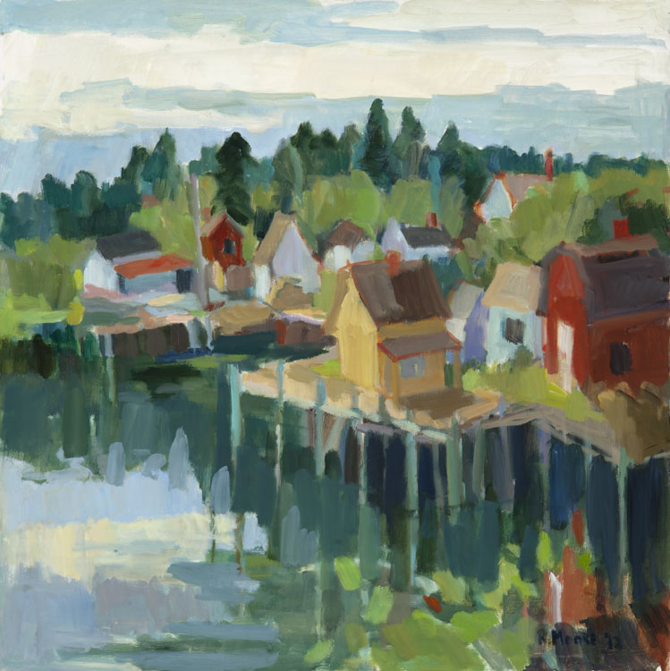 ROSIE MOORE Shore with Red Barn oil on panel, 30 x 30 inches