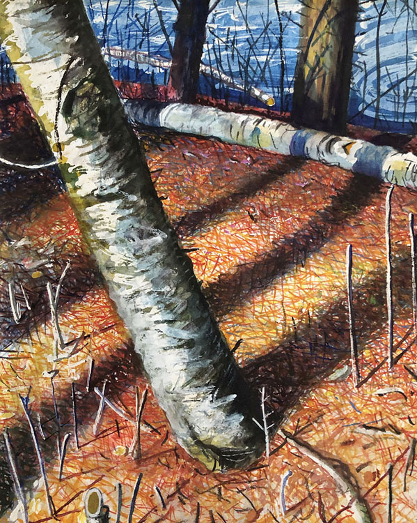 Ed Nadeau, Birches in the Evening, watercolor, 10 x 9.75 inches