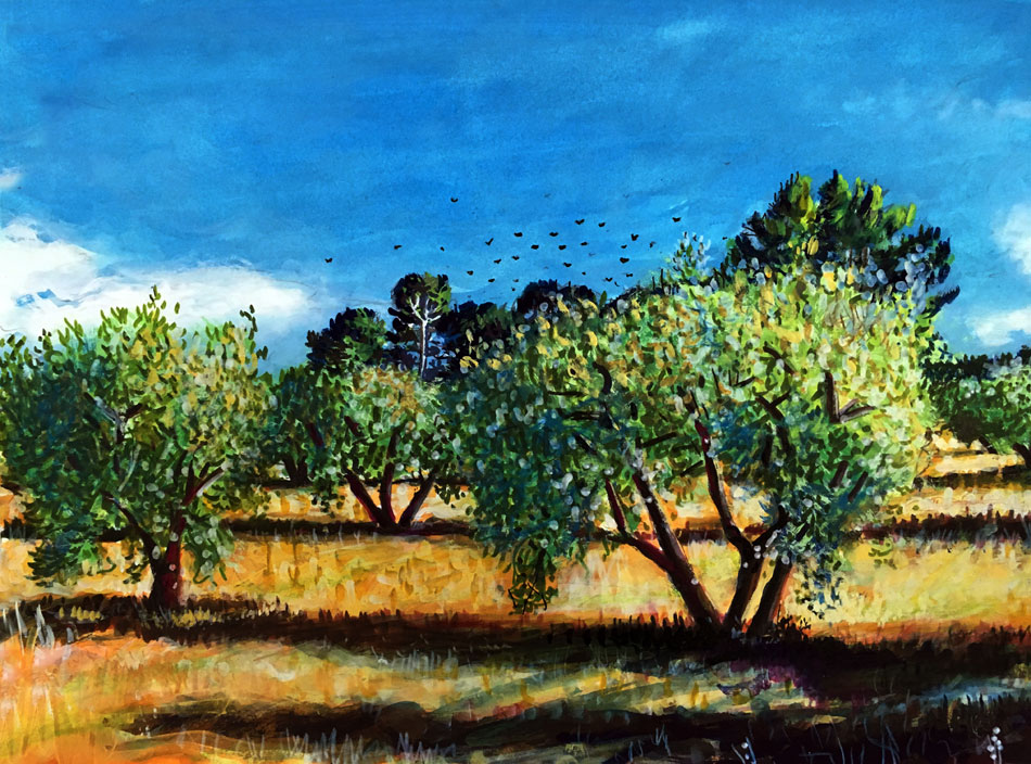 ED NADEAU Crows Above the Olive Trees, Aurielle, France, mixed media, 9 x 12 inches