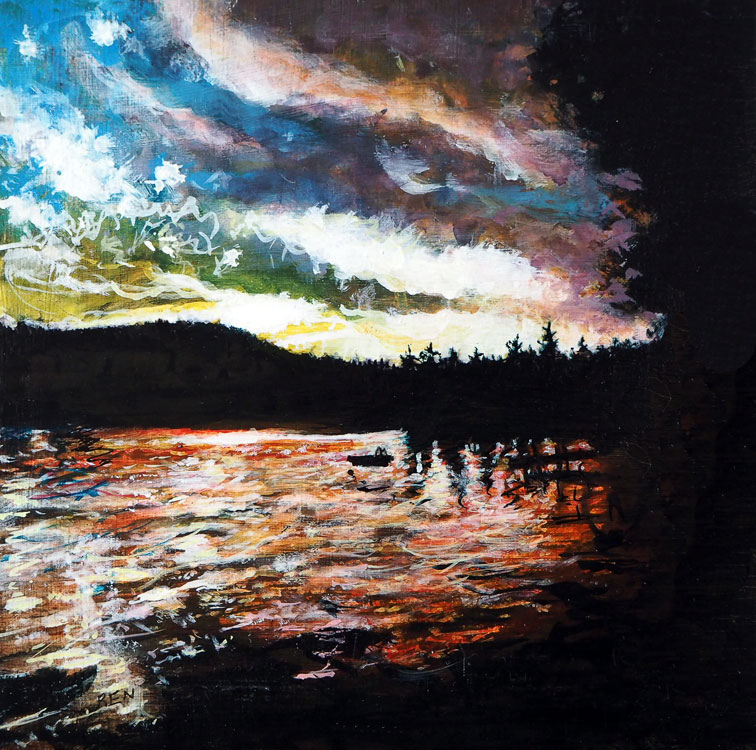 ED NADEAU Evening Sun #2, Long Pond, acrylic on panel, 6 x 6 inches