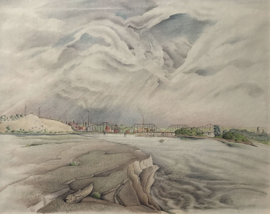 CARL NELSON Across the Missouri River at Sioux City, pastel tone and colored pencil, 16 x 20 inches