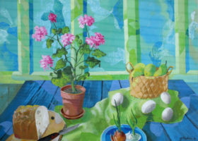 CARL NELSON Kitchen Still Life, 1981, oil on canvas, 29.5 x 37.5 inches