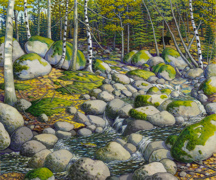 ROBERT SHILLADY Dinner, Moose, and Deer Stream, acrylic on canvas, 10 x 12 inches