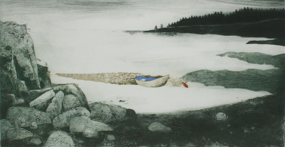 CHARLES WADSWORTH Rowboat and Bouy, intaglio and collagraph, 16 x 31.5 inches