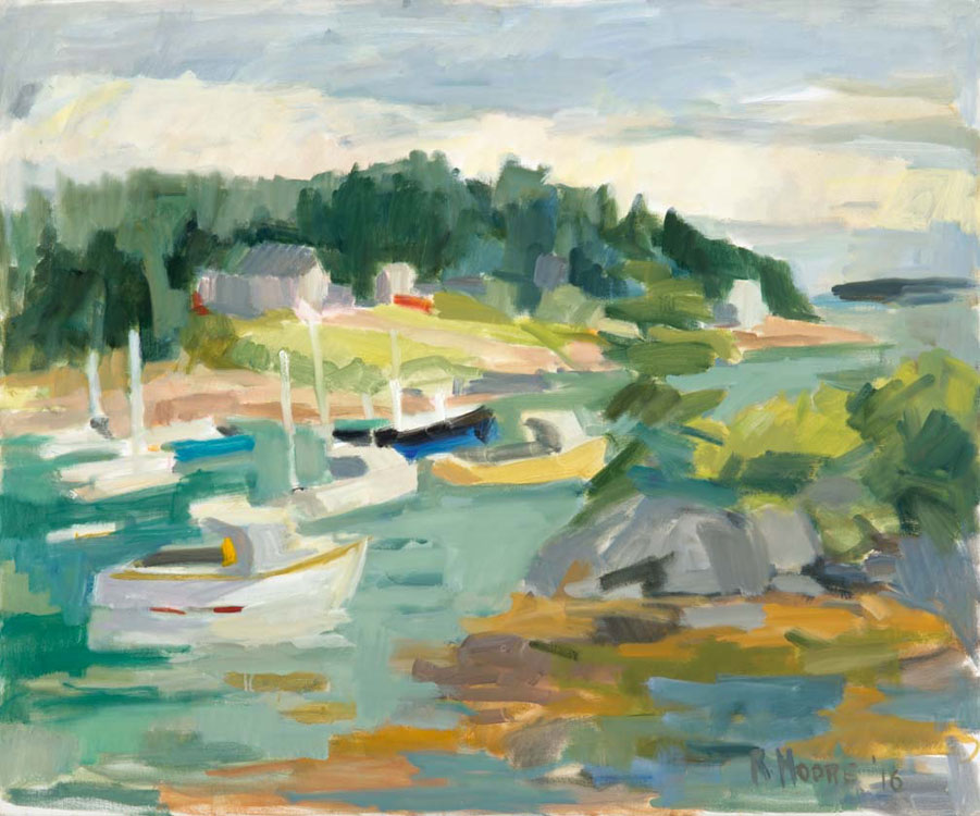 ROSIE MOORE Boats in Corea, oil on canvas, 36 x 30 inches