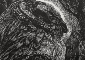 SIRI BECKMAN Night Owl, wood engraving, 3.25 x 3 inches
