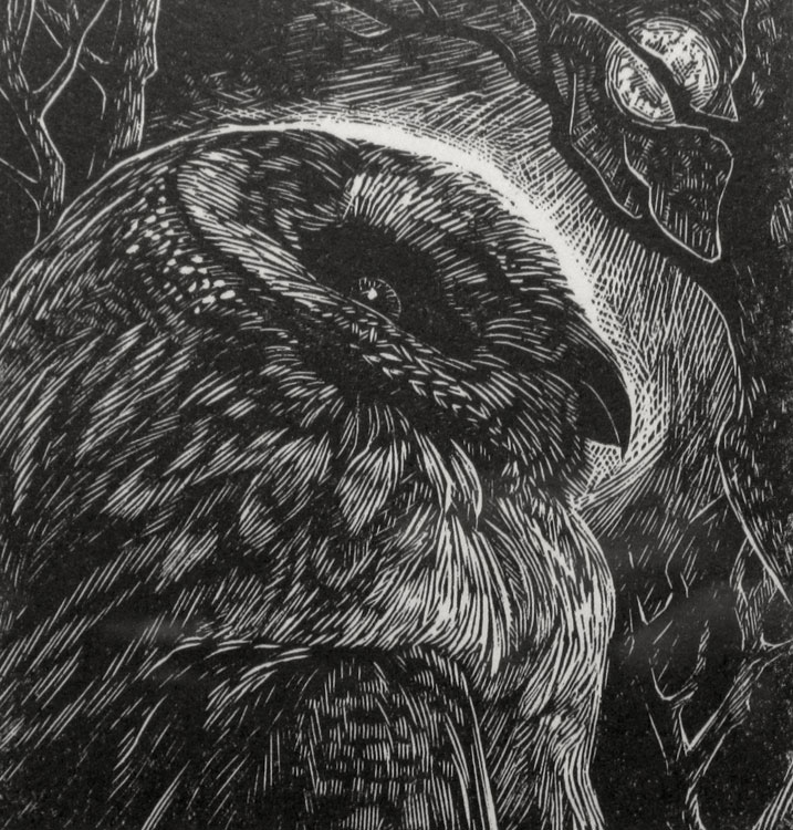 SIRI BECKMAN Night Owl, wood engraving, 3.25 x 3 inches