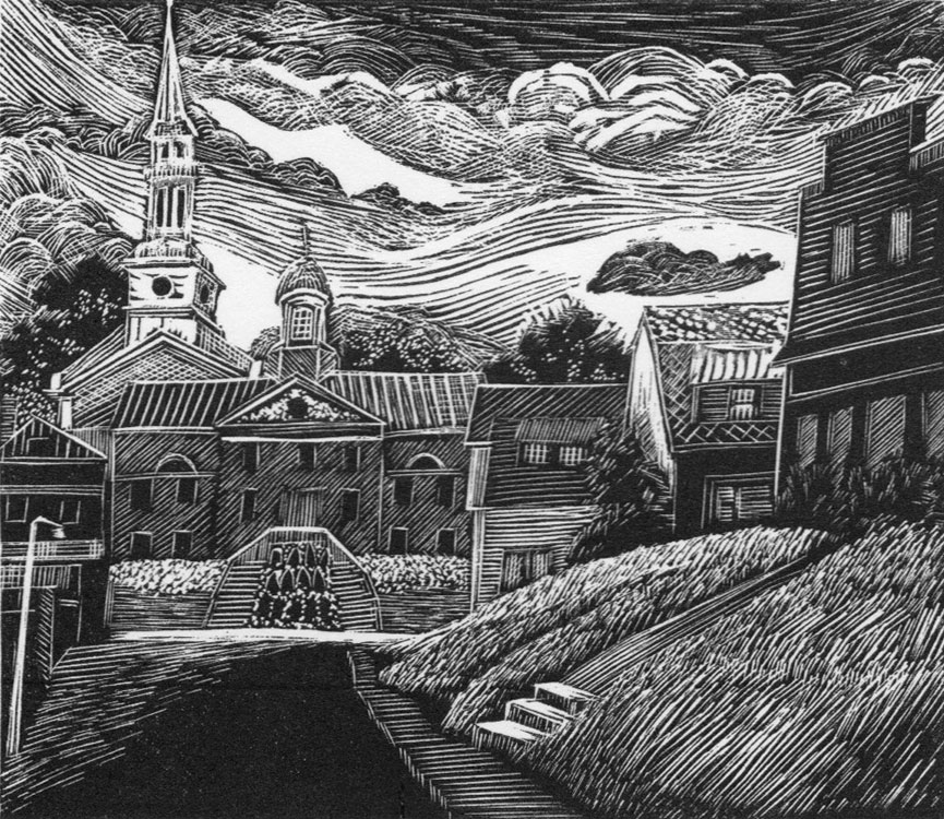 SIRI BECKMAN Our Town, wood engraving, 3 x 3.5 inches