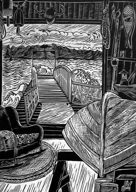 SIRI BECKMAN The Boathouse wood engraving, 10 x 7.25 inches