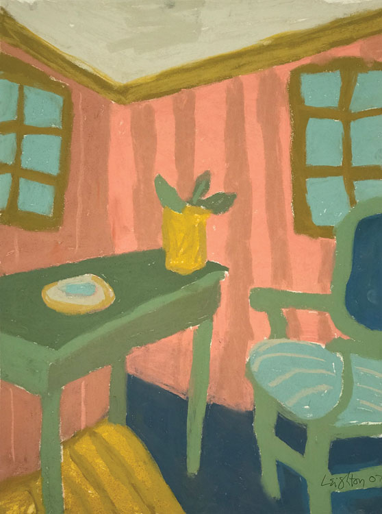 JUDITH LEIGHTON Interior with Green Table, pastel, 23.5 x 19.5 inches