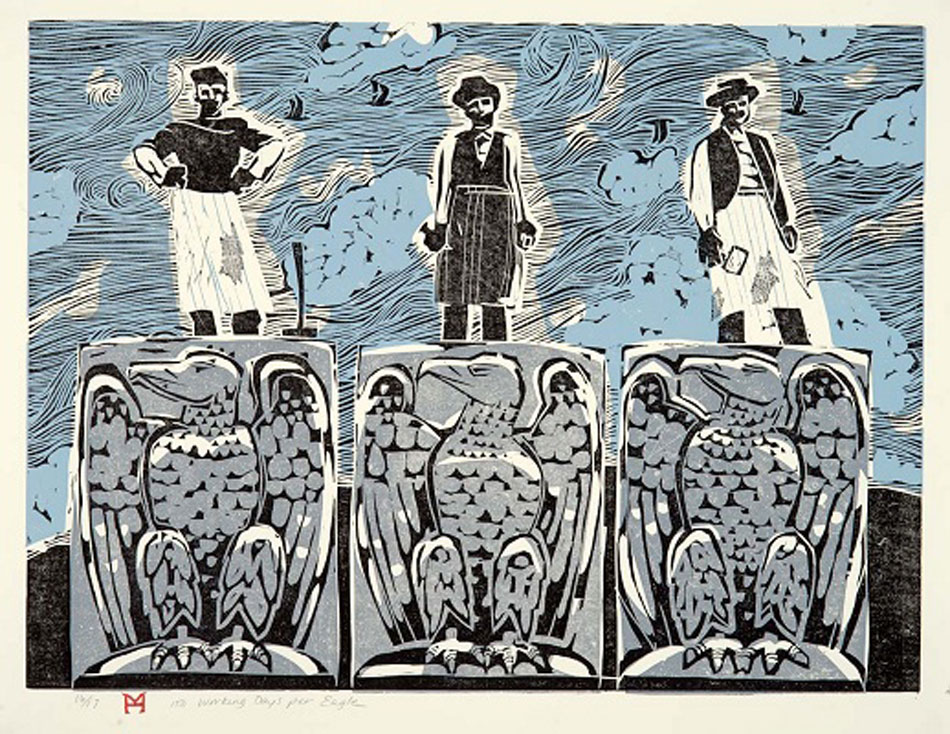 HOLLY MEADE 150 Working Days Per Eagle, 6/17, woodblock print, 24 x 18 inches