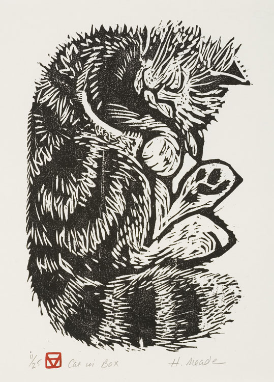 HOLLY MEADE Cat In Box, woodblock print, 17/25 Last Print in the Edition, 10 x 7 inches