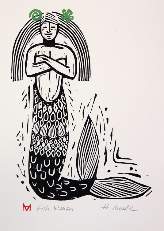 HOLLY MEADE Fish Woman, uneditioned, woodblock print, 11 x 8 inches