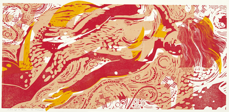 HOLLY MEADE Love Up to Here, 3/11, woodblock print, 38 x 18 inches