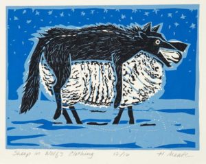 HOLLY MEADE
Sheep in Wolf's Clothing 
woodblock print, 7 x 9 inches
edition of 16
$800
