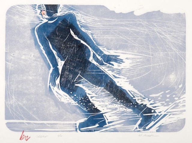 HOLLY MEADE Skater, 9/11, woodblock print, 14 x 20 inches