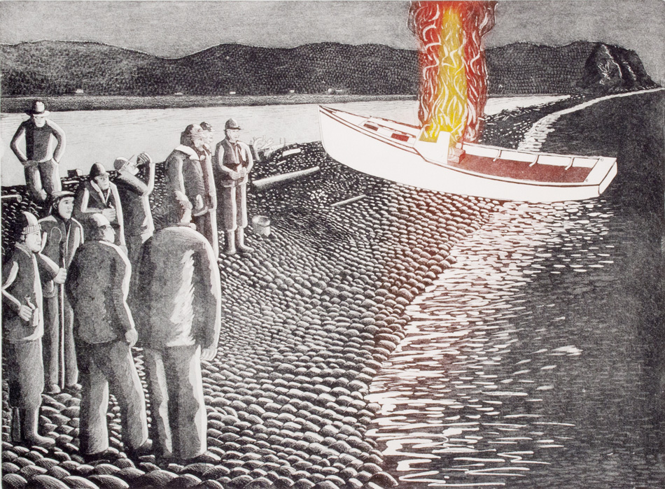 JOHN NEVILLE Boat Burning, Adcovate Bay, etching, 18 x 24 inches