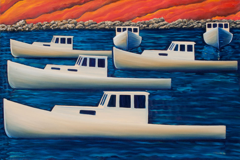 JOHN NEVILLE Lobster Boats, South Bristol, oil on canvas, 24 x 36 inches