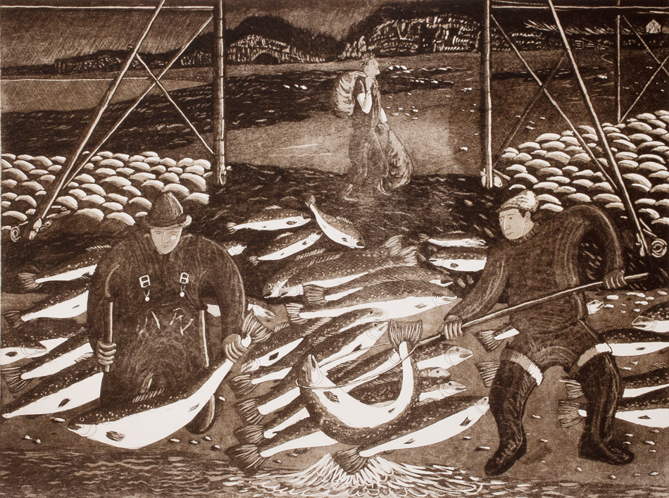 JOHN NEVILLE Salmon at Race Point etching, 17 x 24 inches