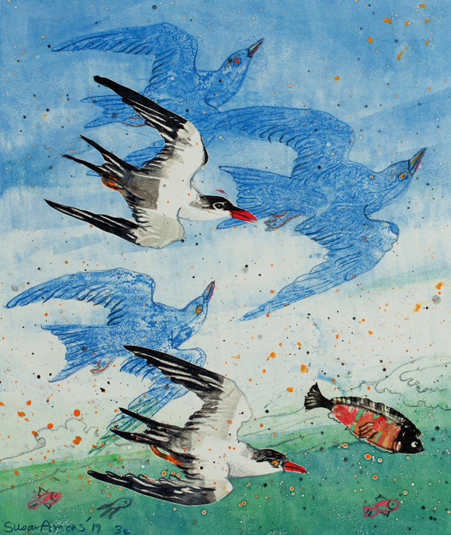 SUSAN AMONS Flock of Tern (L), unframed monoprint, 11 x 9.5 inches $300
