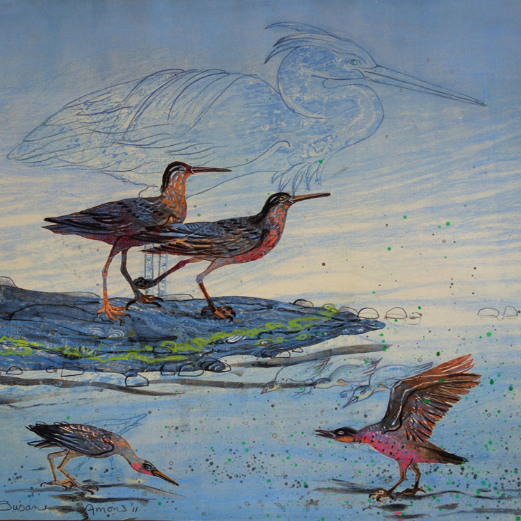 Susan Amons, Little Blue Heron with Shorebirds III, framed monoprint, 20 x 20
