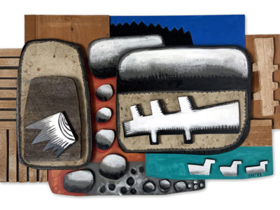 MATT BARTER Schoodic Driftwood Relief painted wood relief with found object, 35 x 55 x 4.5 inches