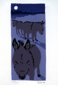ALISON RECTOR
Winter Donkeys
silkscreen print, 6.5 x 3 inches, framed
$300
