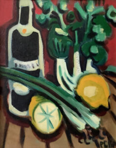 PHILIP BARTER (1939–2024)
Wine Bottle and Two Lemons
ca. 1990s, oil on board, 14 x 11 inches
from a private estate
$2800