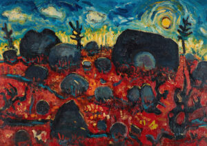 PHILIP BARTER (1939–2024)
Red Blueberry Field 
1987, oil on board, 36 x 48 inches
$20,000